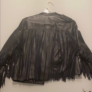 Dark blue maje fringe leather jacket